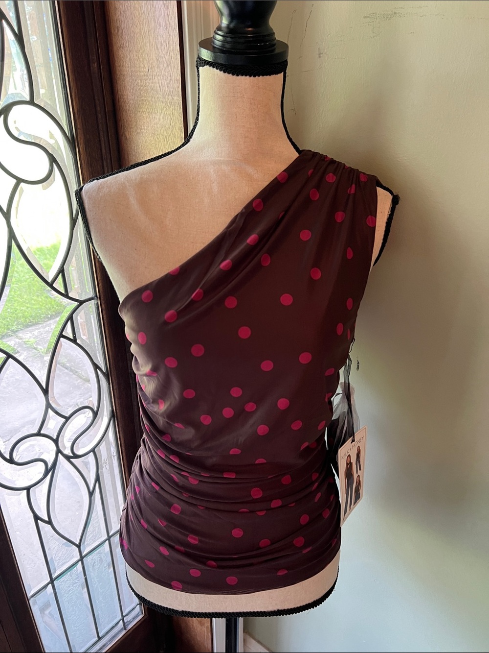 One-Shoulder Polka Dot Top in Brown and Pink